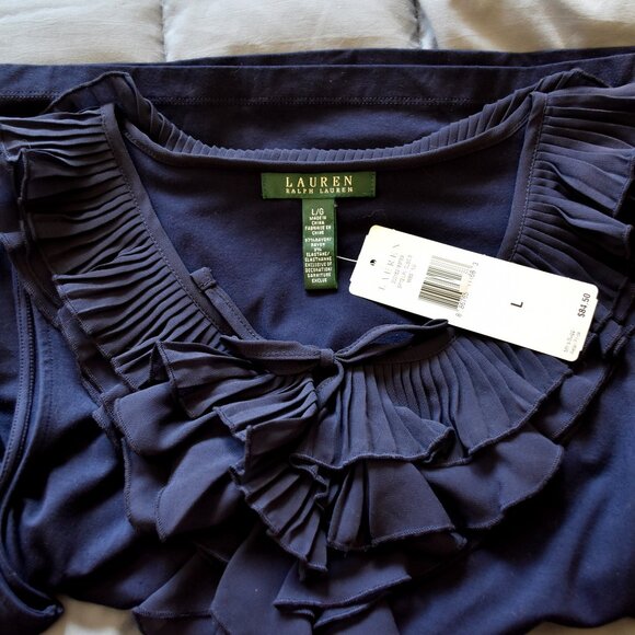 LAUREN RALPH LAUREN WOMEN'S SLEEVELESS NAVY BLUE RAYON RUFFLE BLOUSE LARGE, NWT - Picture 11 of 13